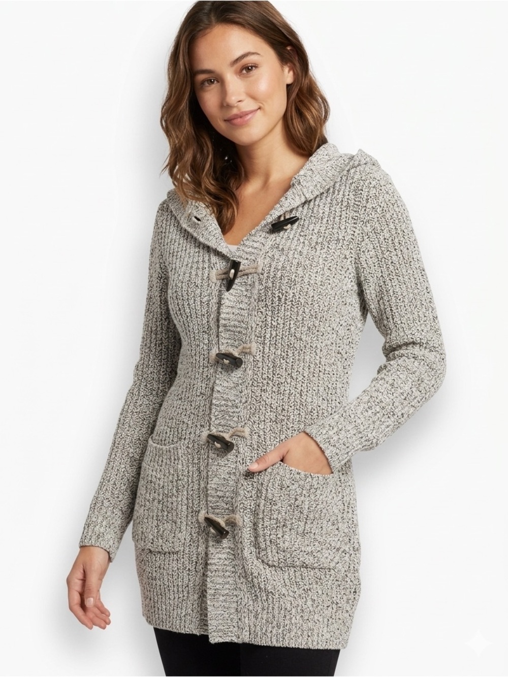Roots Canada Longline Marled Knit Hooded Toggle Cardigan Sweater Jacket Sm - 552